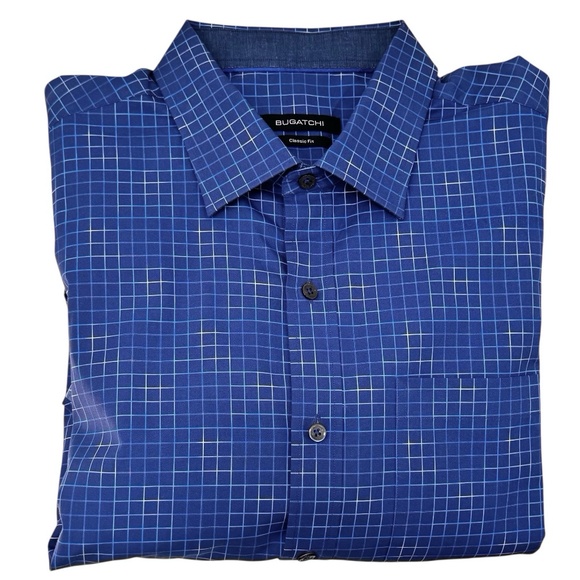 BUGATCHI BLUE OMBRE GEOMETRIC SQUARES CLASSIC FIT LONG SLEEVE SHIRT W FLIP CUFFS - Picture 1 of 11
